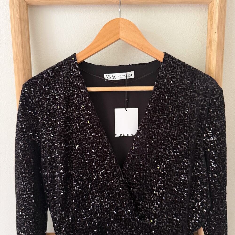 NWT Zara Black Sequin Mini Dress M Padded Shoulder Long Sleeve Party Cocktail - Picture 3 of 10